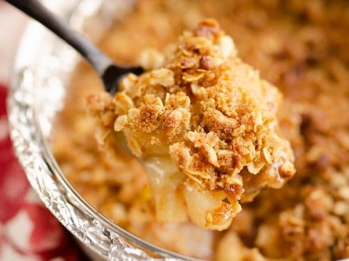 Crispy Pressure Cooker Apple Crisp scooped from pan