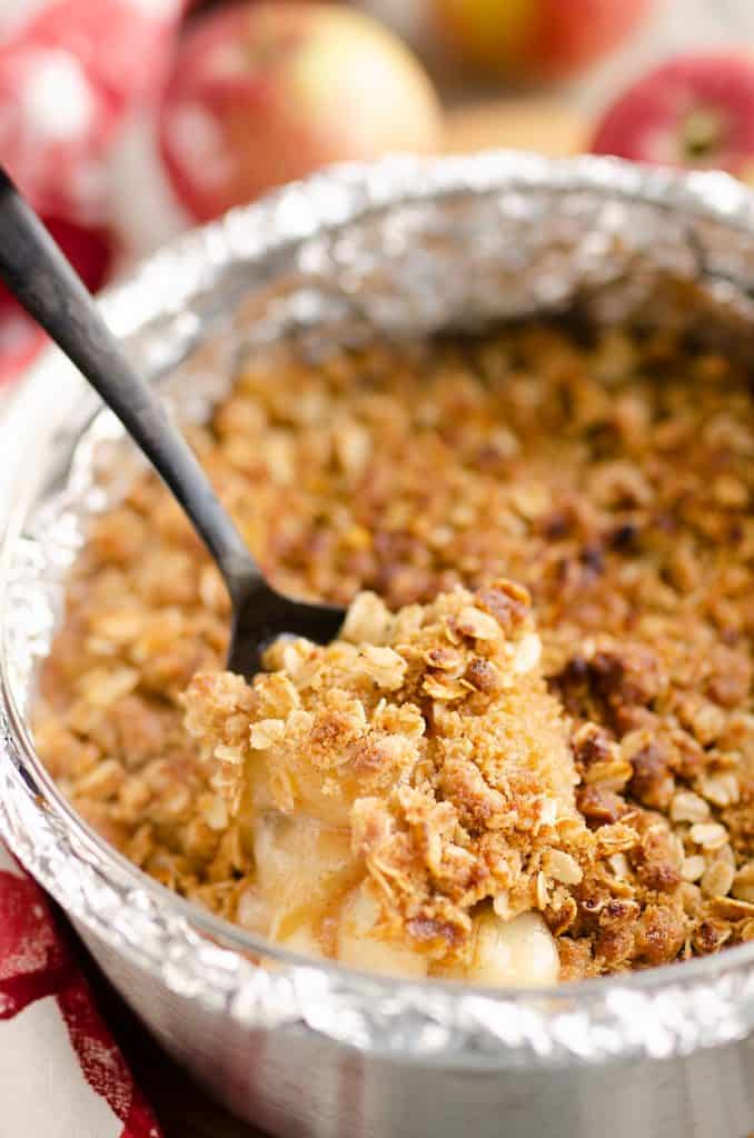 Crispy Pressure Cooker Apple Crisp scooped from pan