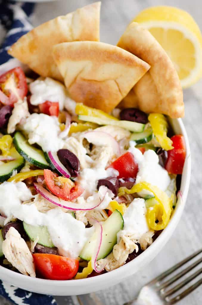 Greek Chicken Pita Bowl served for dinner