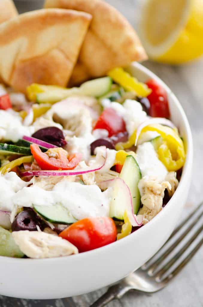 close up of Greek Chicken Pita Bowl