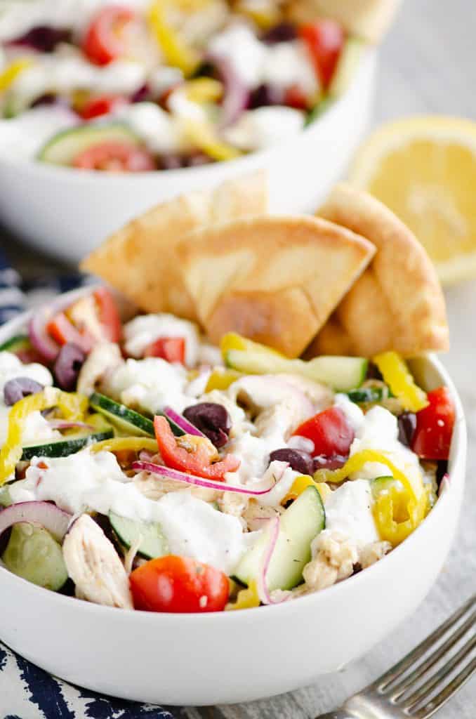 Greek Chicken Pita Bowl on table