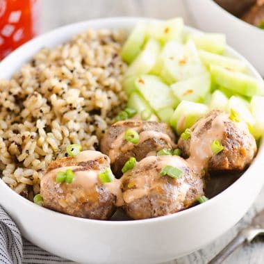 Honey Sriracha Meatball Bowls on table