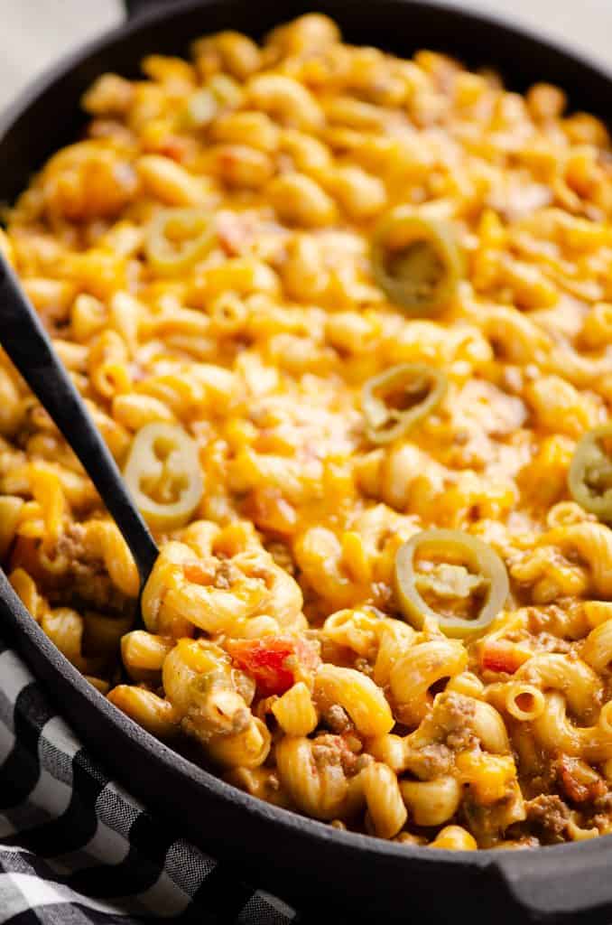 Pressure Cooker Taco Mac and Cheese with spoon in skillet