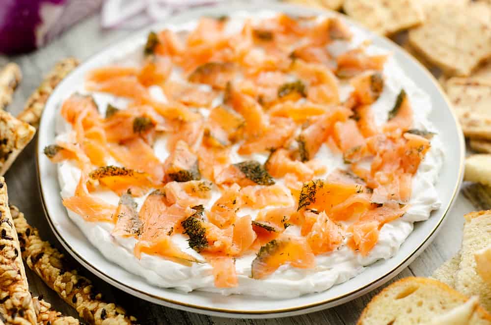 Smoked Salmon Cream Cheese Dip served with crackers and bread