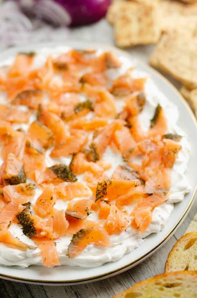 Smoked Salmon Cream Cheese Dip served on plate