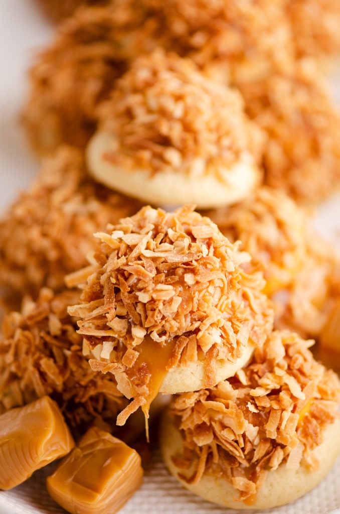 plate of toasted coconut marshmallow cookies with caramels