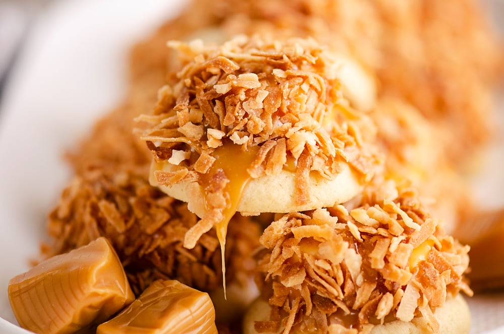 plate of toasted coconut marshmallow cookies with caramels