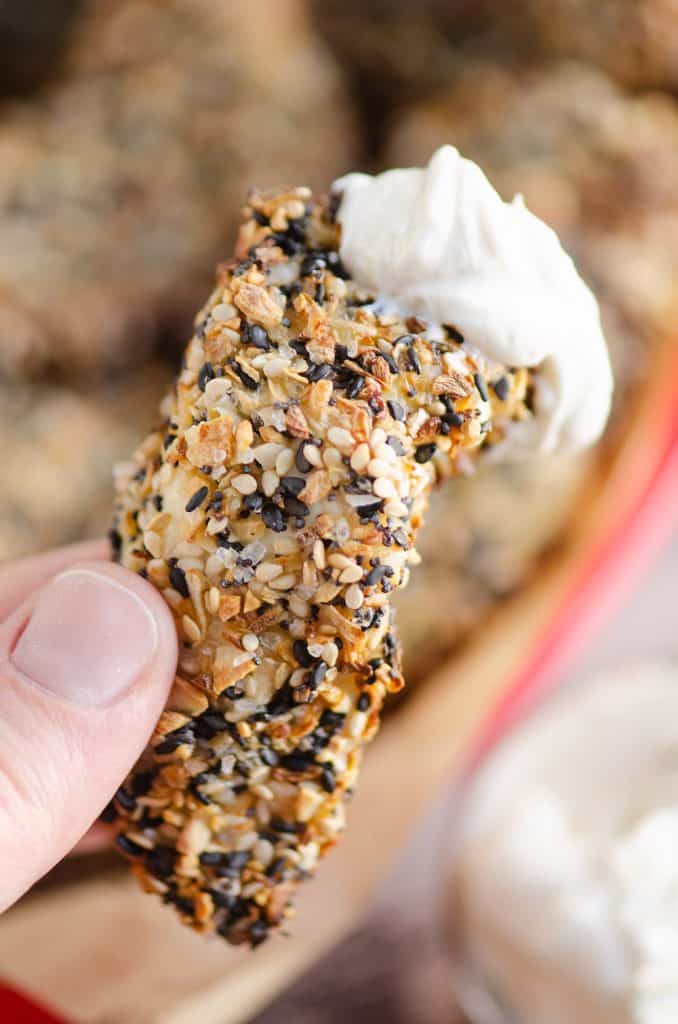 Air Fryer Everything Bagel Chicken Tenders with cream cheese dipping sauce
