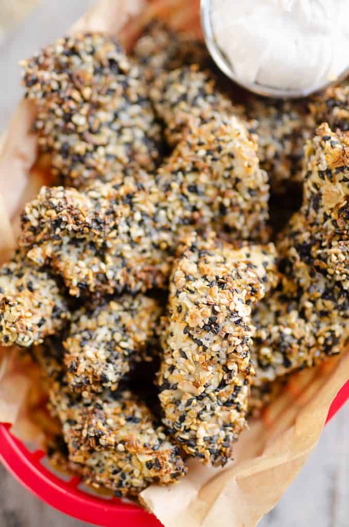 Air Fryer Everything Bagel Chicken Tenders in appetizer basket