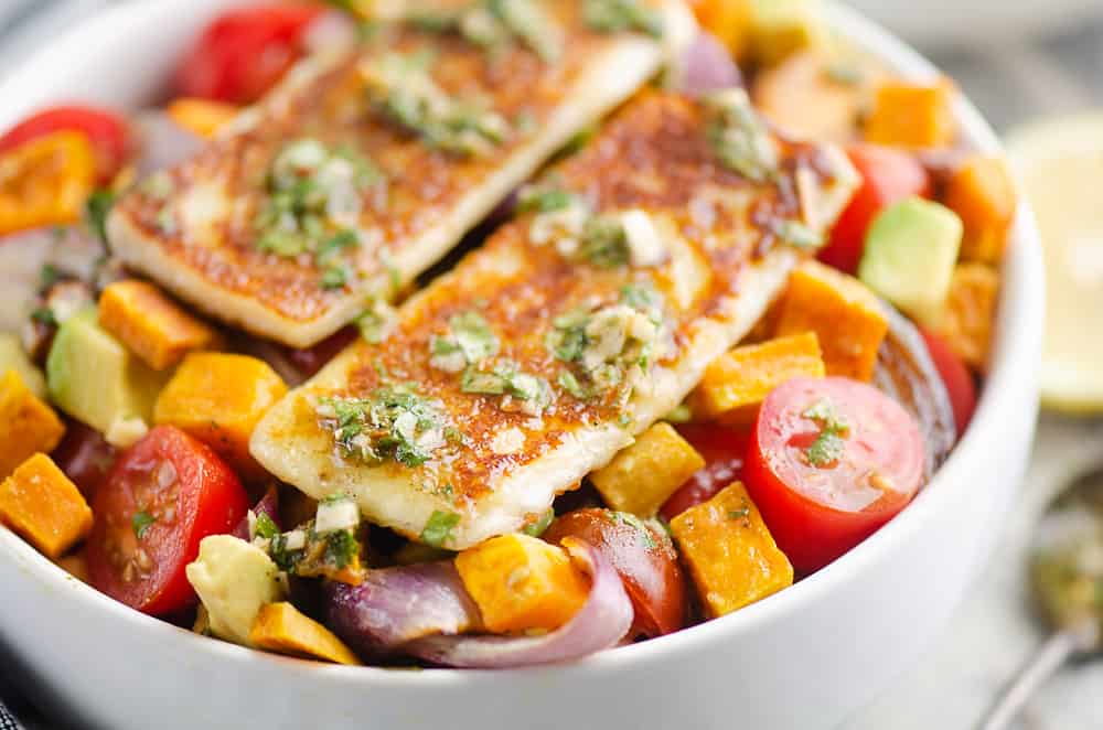  Chimichurri Roasted Vegetable Bowl topped with Grilled Cheese