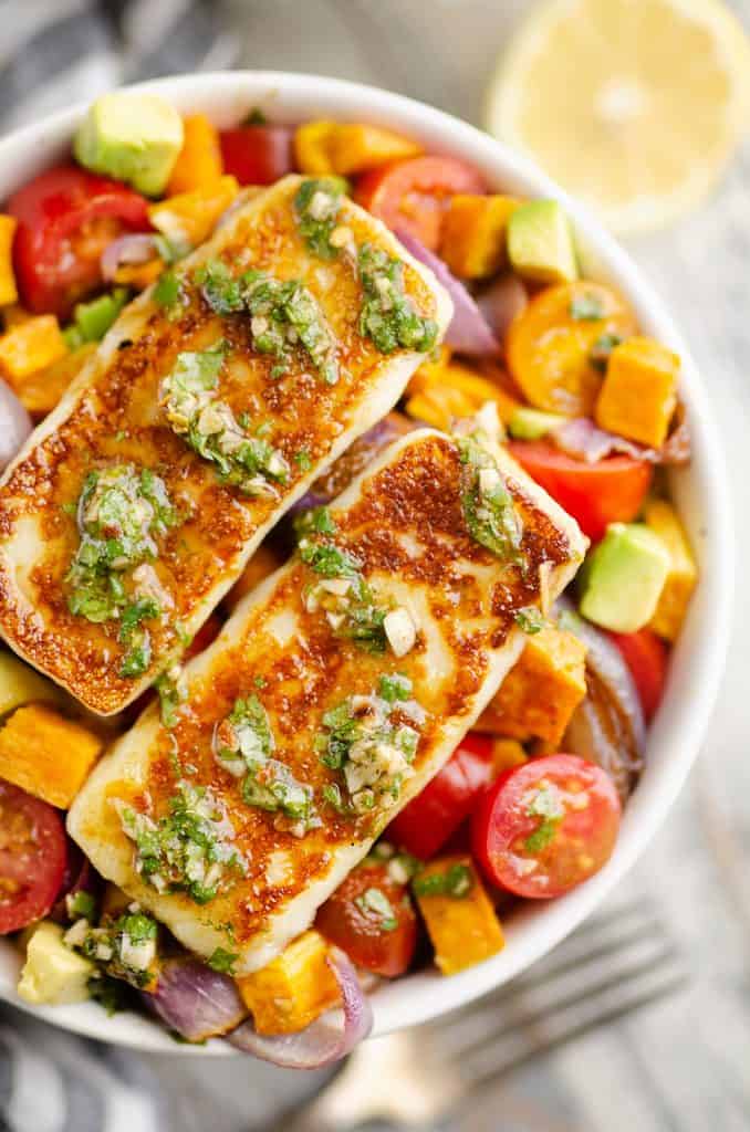  Chimichurri Roasted Vegetable Bowl topped with Grilled Halloumi Cheese