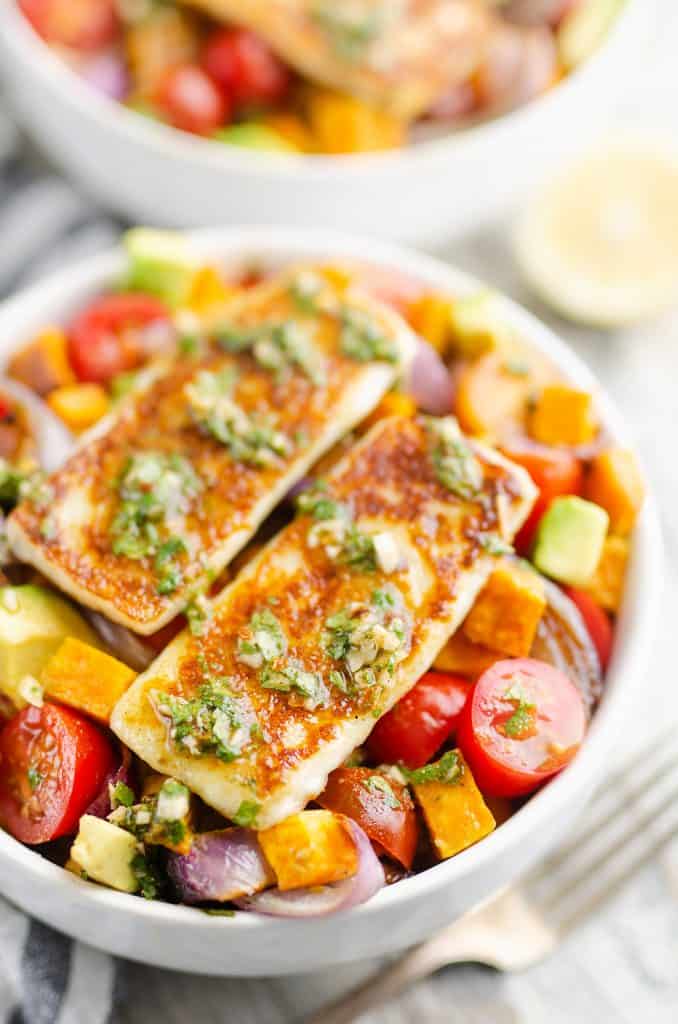  Chimichurri Roasted Vegetable Bowl with Grilled Cheese on top