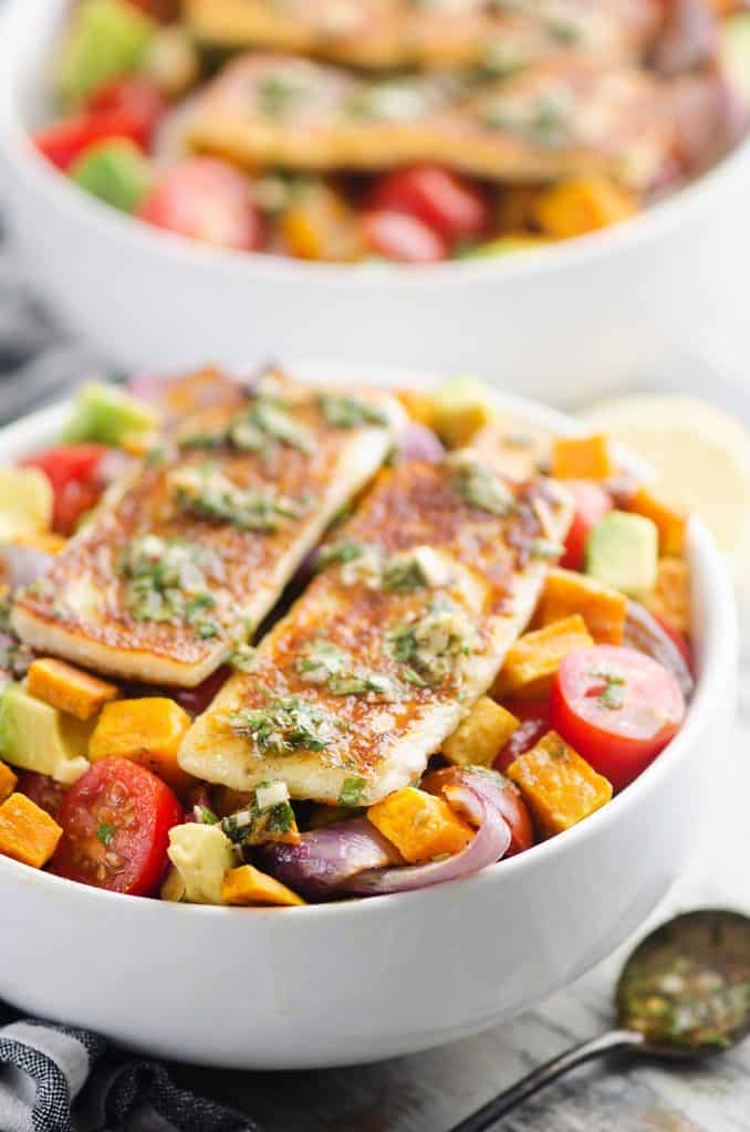  Chimichurri Roasted Vegetable Bowl with Grilled Cheese on table