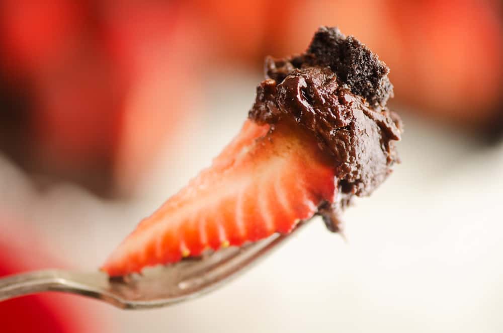 Strawberry and Chocolate Ganache bite on fork