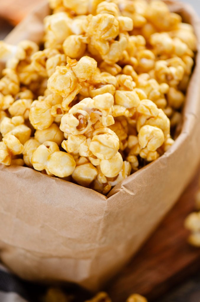 Microwave Caramel Popcorn in a brown paper bag