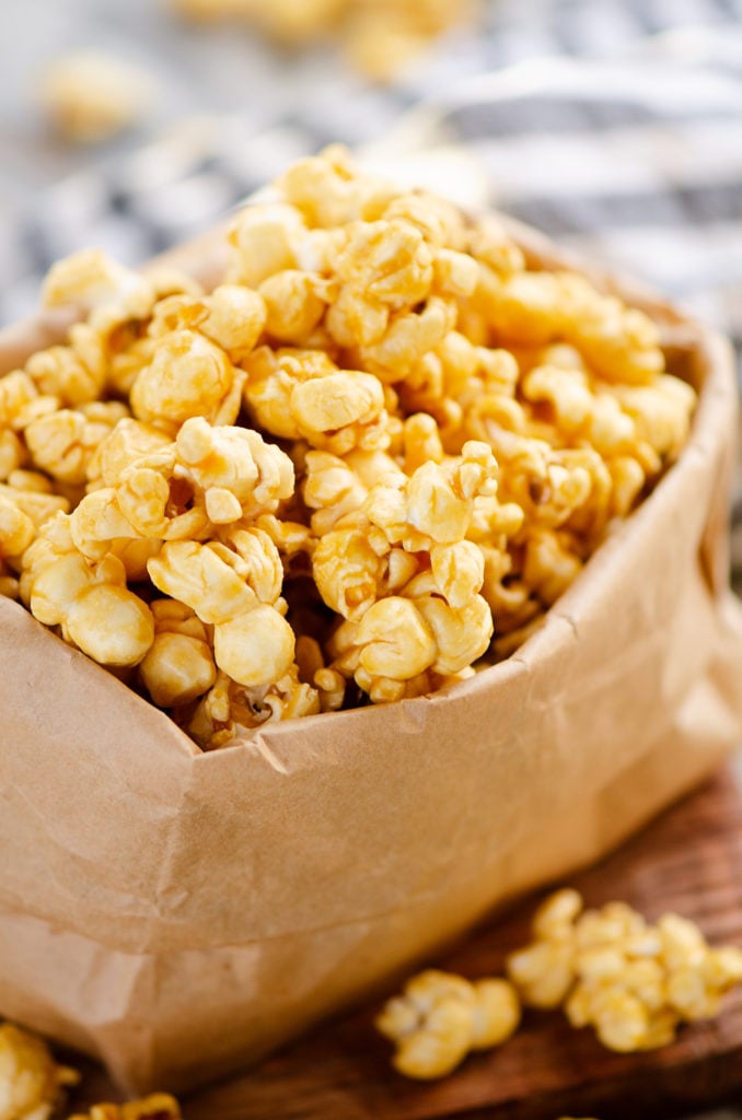 Microwave Caramel Popcorn in a brown paper bag