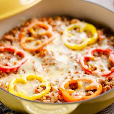 30 Minute Sausage Stuffed Pepper Skillet on table