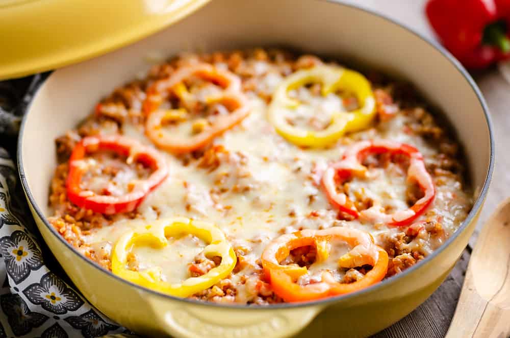 30 Minute Sausage Stuffed Pepper Skillet on table