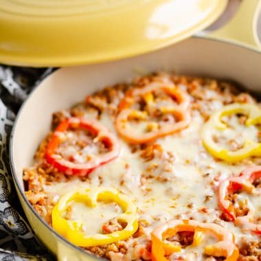 30 Minute Sausage Stuffed Pepper Skillet on table