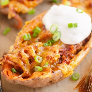 Cheesy BBQ Pork Sweet Potato Skins with sour cream