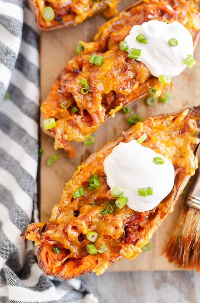 Cheesy BBQ Pork Sweet Potato Skins with sour cream