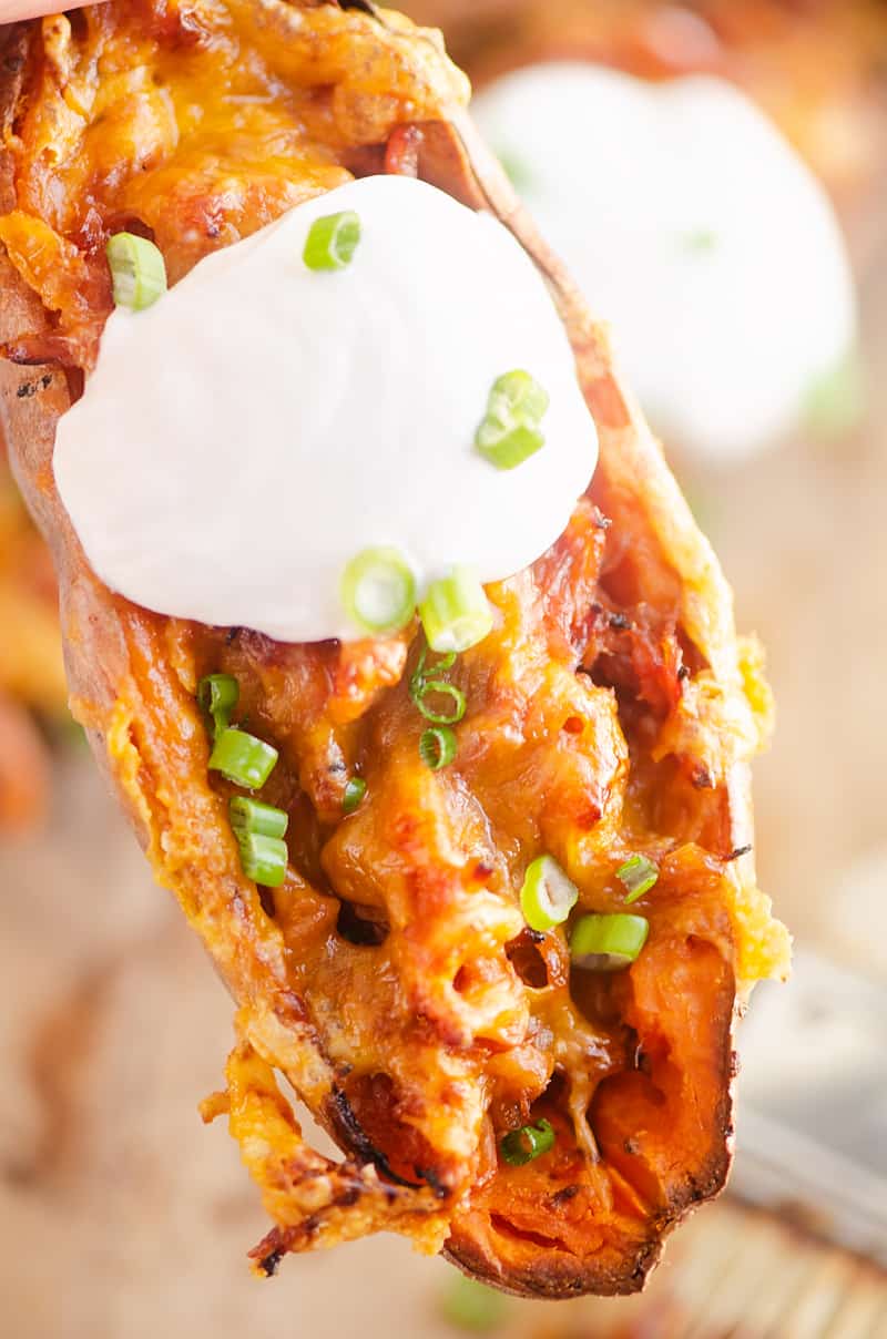 Air Fryer BBQ Pork Sweet Potato Skins with sour cream