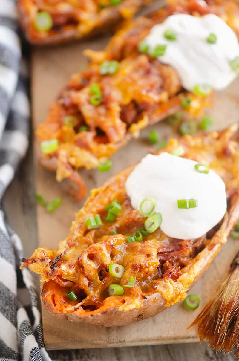 Air Fryer BBQ Pork Sweet Potato Skins served on cutting board