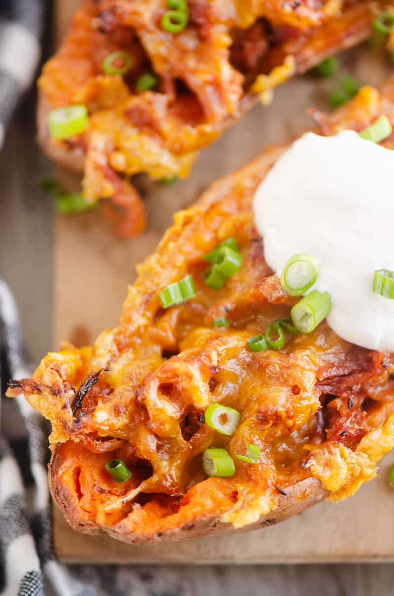 Air Fryer BBQ Pork Sweet Potato Skins topped with sour cream