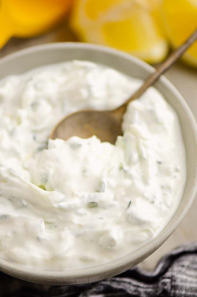 Cucumber Greek yogurt sauce served with spoon