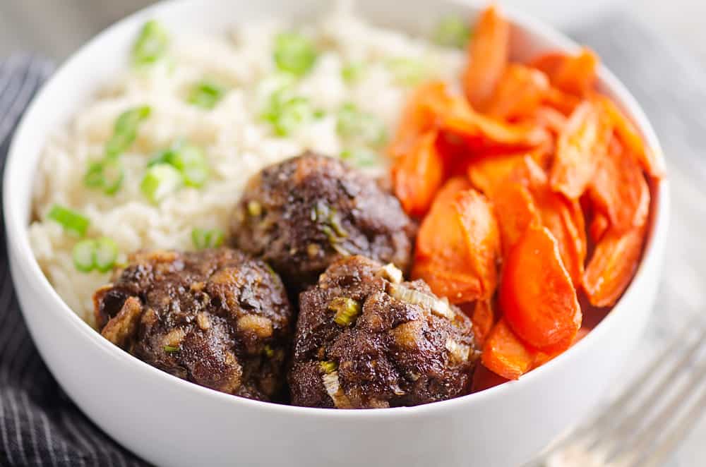 Glazed Hoisin Meatballs, carrots and rice in white bowl