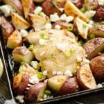 Lemon Feta Sheet Pan Chicken Thighs & Potatoes with yogurt sauce