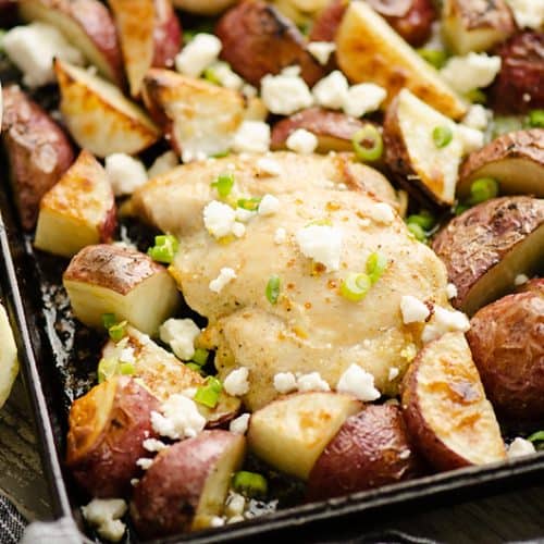 Lemon Feta Sheet Pan Chicken Thighs and Potatoes