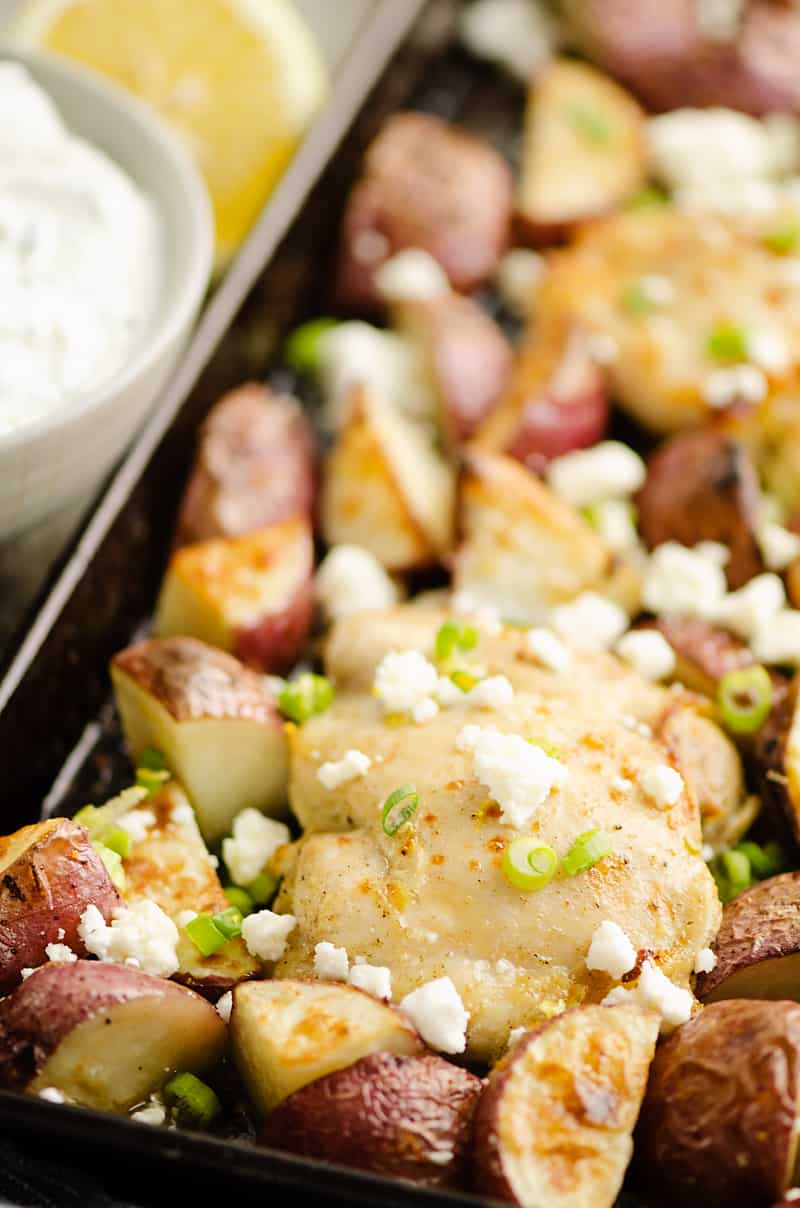 Lemon Feta Sheet Pan Chicken Thighs & Potatoes dinner