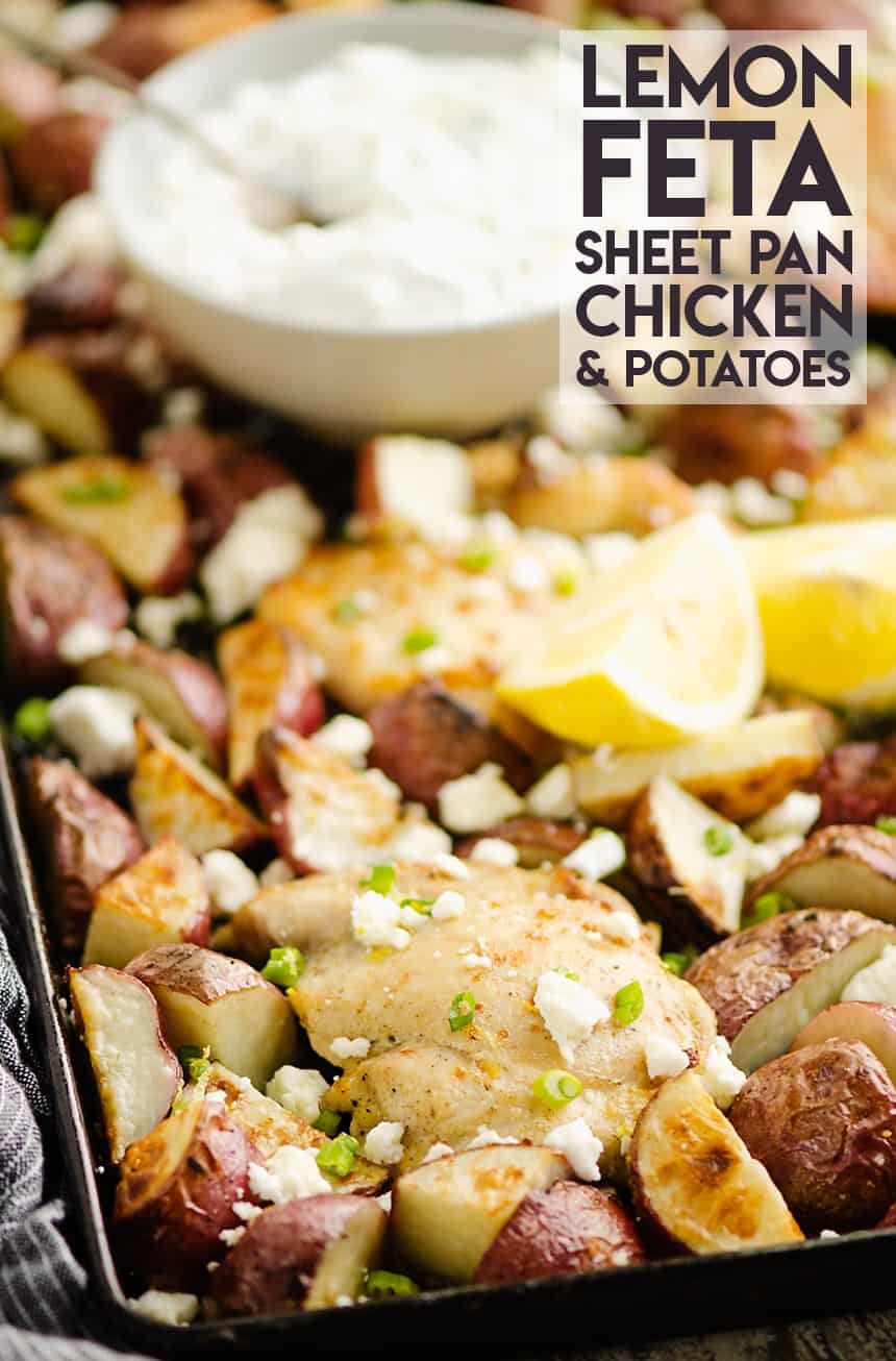 Lemon Feta Sheet Pan Chicken Thighs and Potatoes