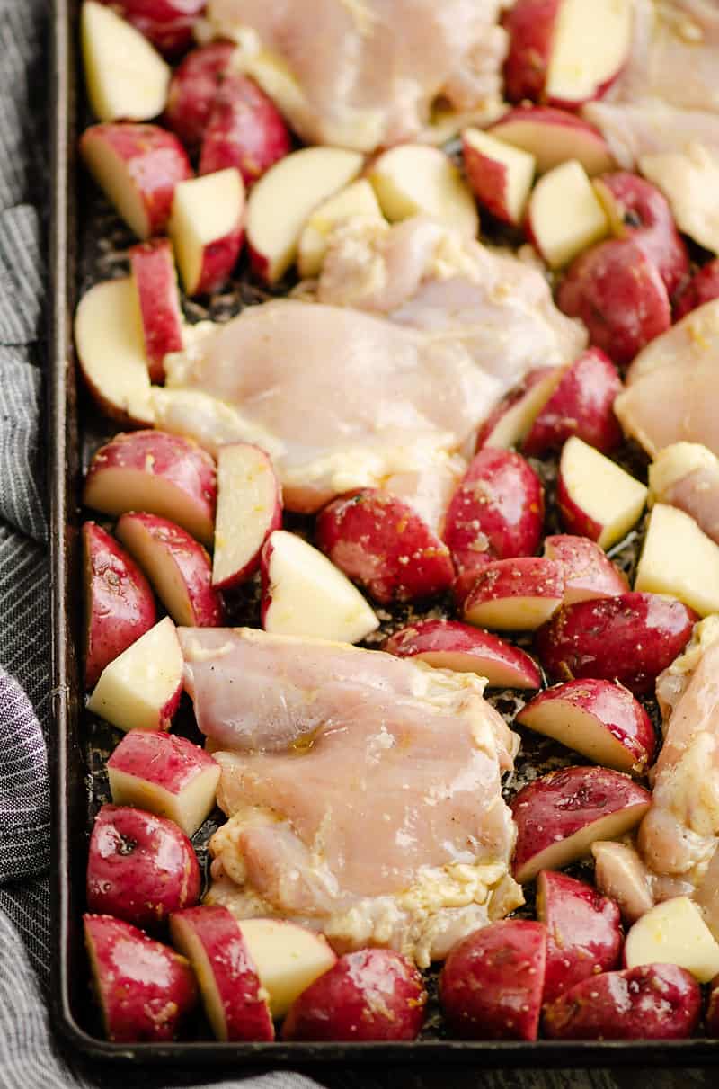 Lemon Feta Sheet Pan Chicken Thighs & Potatoes ready to bake