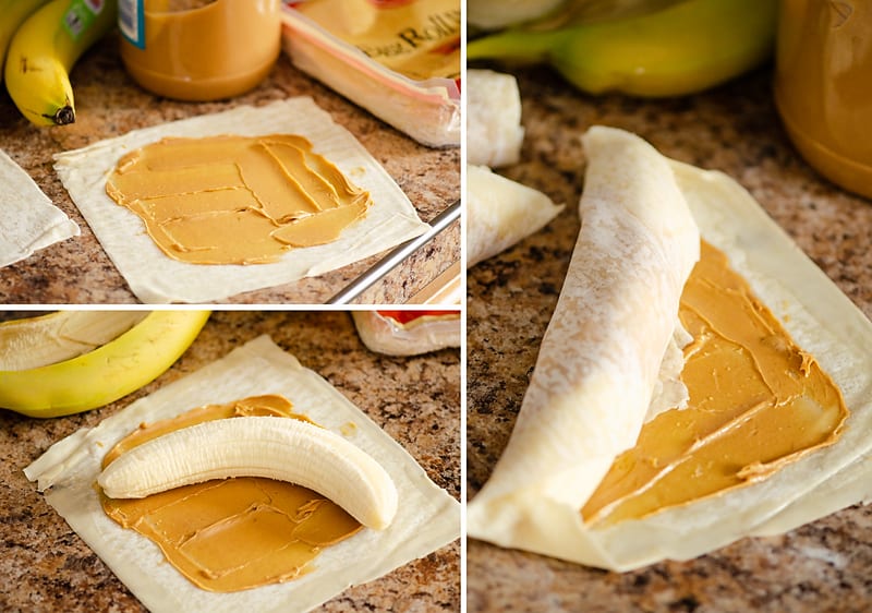 Peanut Butter Banana Egg Rolls being assembled on counter