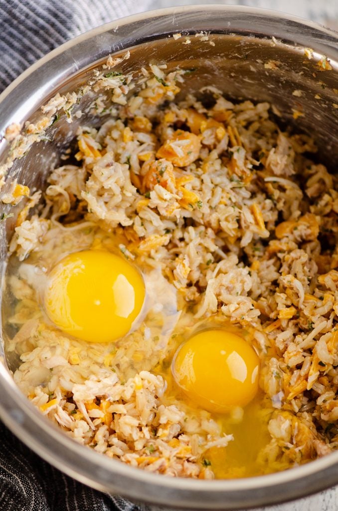 Buttery Tuna Rice Muffins mixture in stainless steel mixing bowl