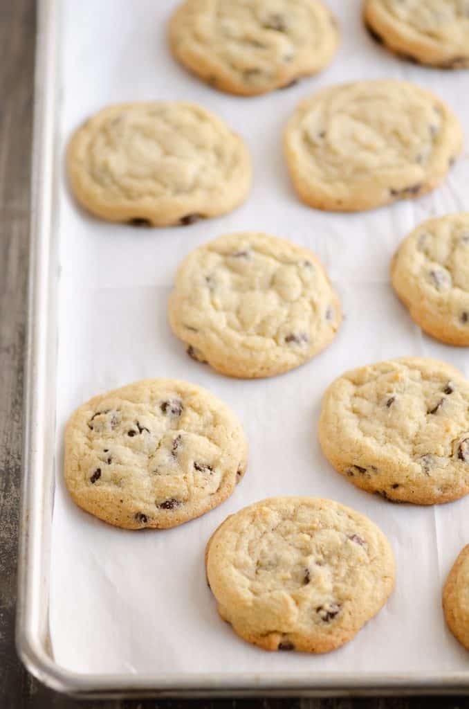 Chocolate Chip Cookies on parchment paper lined baking sheet