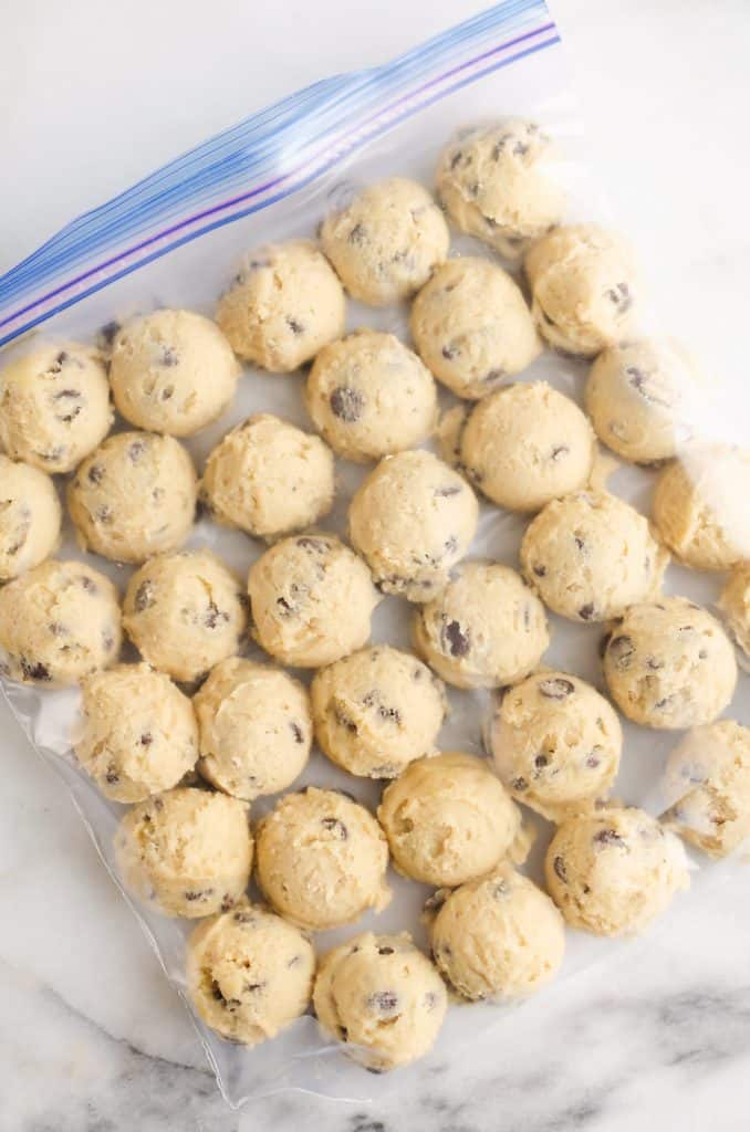 Frozen Chocolate Chip Cookie Dough Pucks in resealable bag