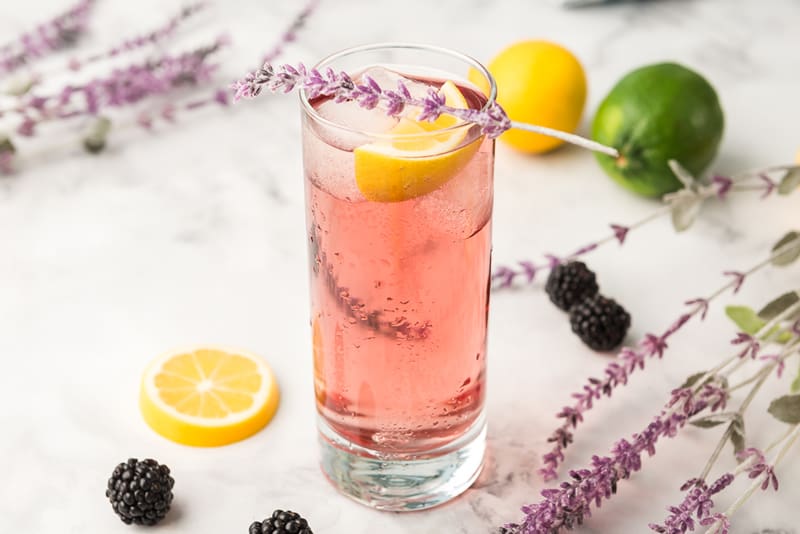 Purple Rain Cocktail served with lemon wedge and lavendar