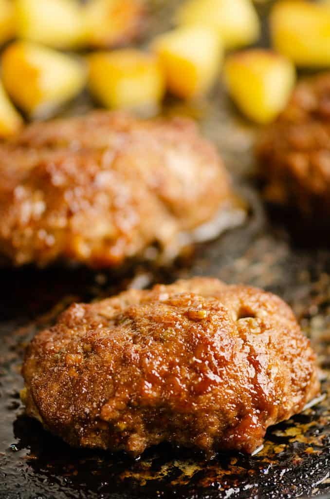 Roasted Pineapple and mini meatloaves on sheet pan