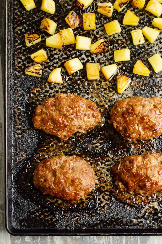 Roasted Pineapple and mini meatloaves on sheet pan