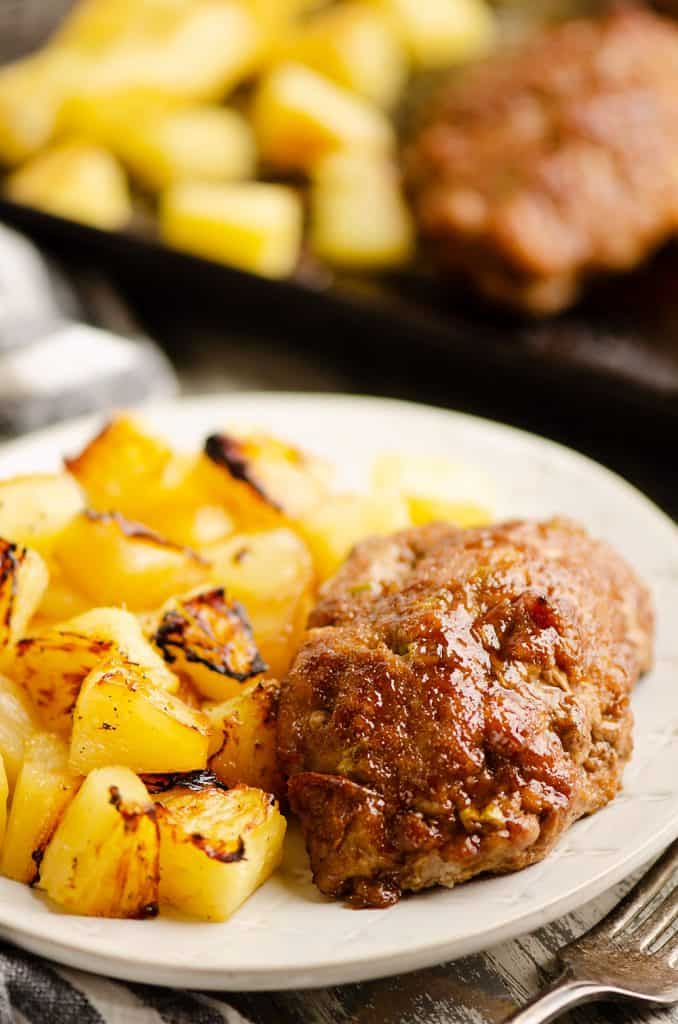 Roasted Pineapple and mini meatloaves on plate