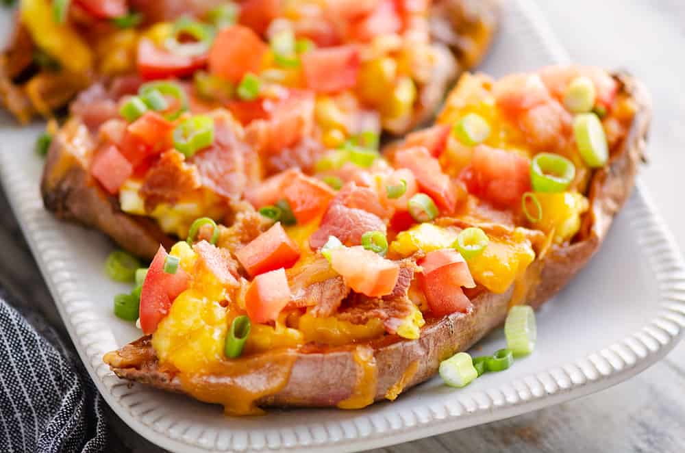 Breakfast Sweet Potato Skins on white plate