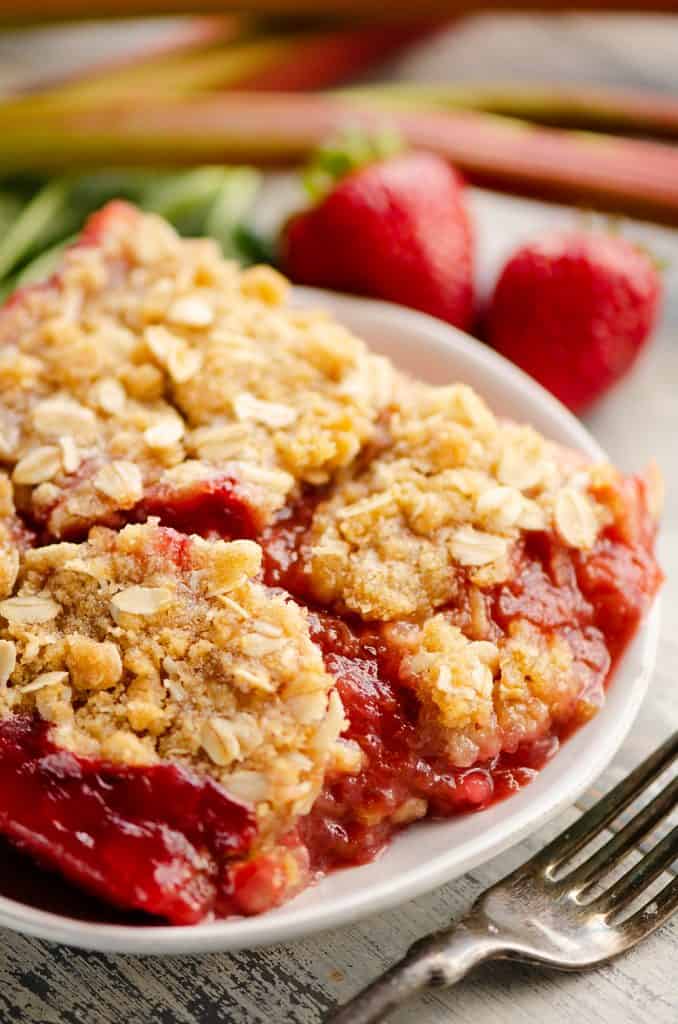 Strawberry Rhubarb Crisp Bars on white plate