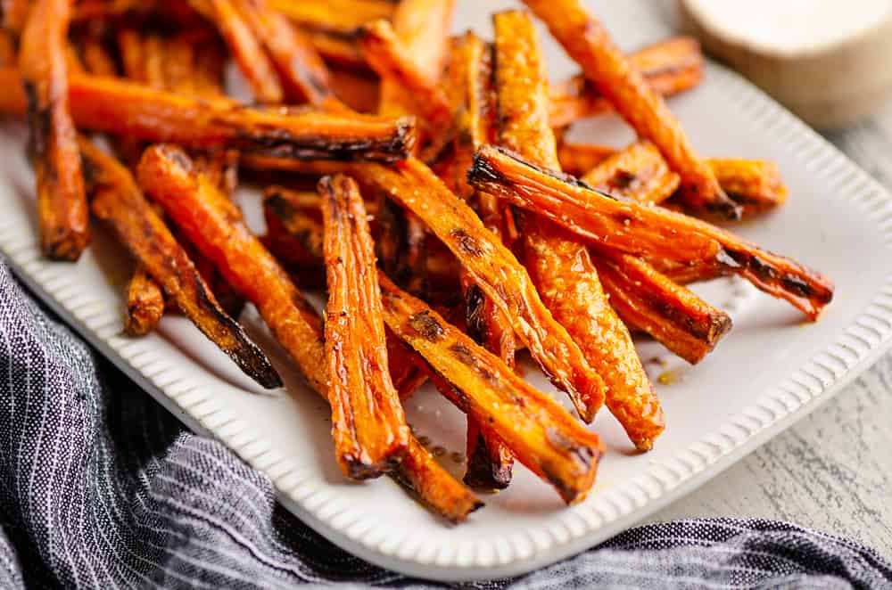 Crispy Carrot Fries on white platter