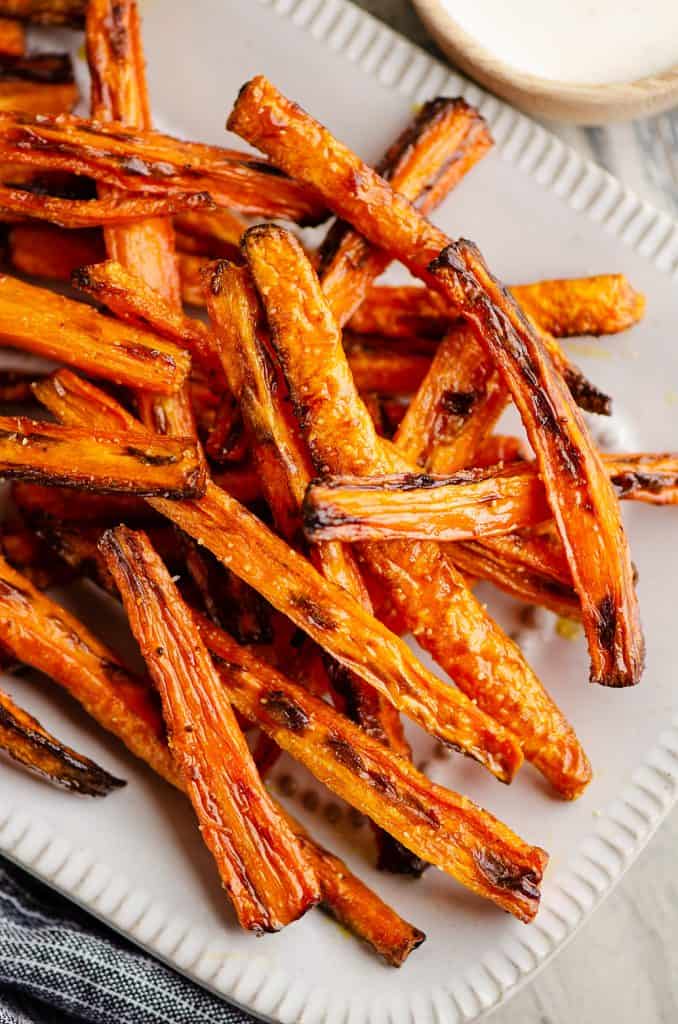 Crispy Carrot Fries on white platter