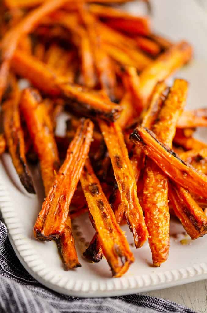 Crispy Carrot Fries on white platter