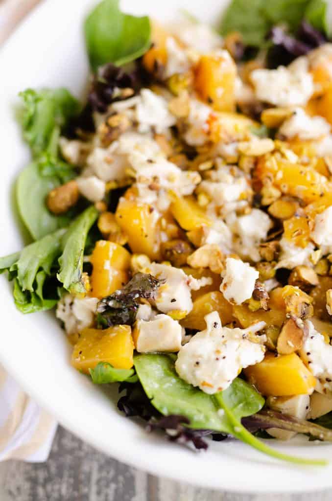 Chicken Peach Salad in a white bowl