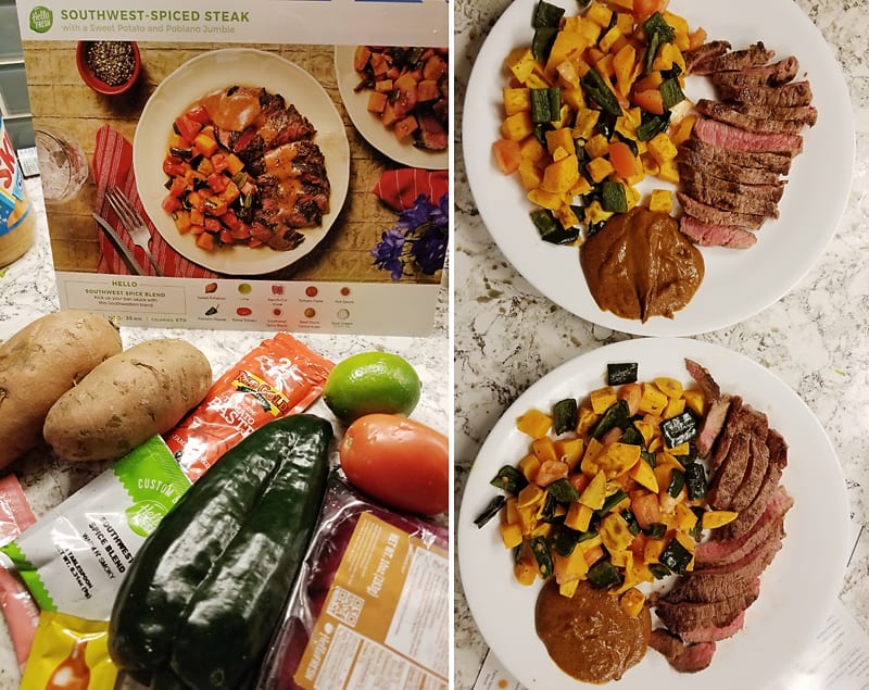 Hello Fresh collage of pictures featuring southwest spiced steak and vegetables